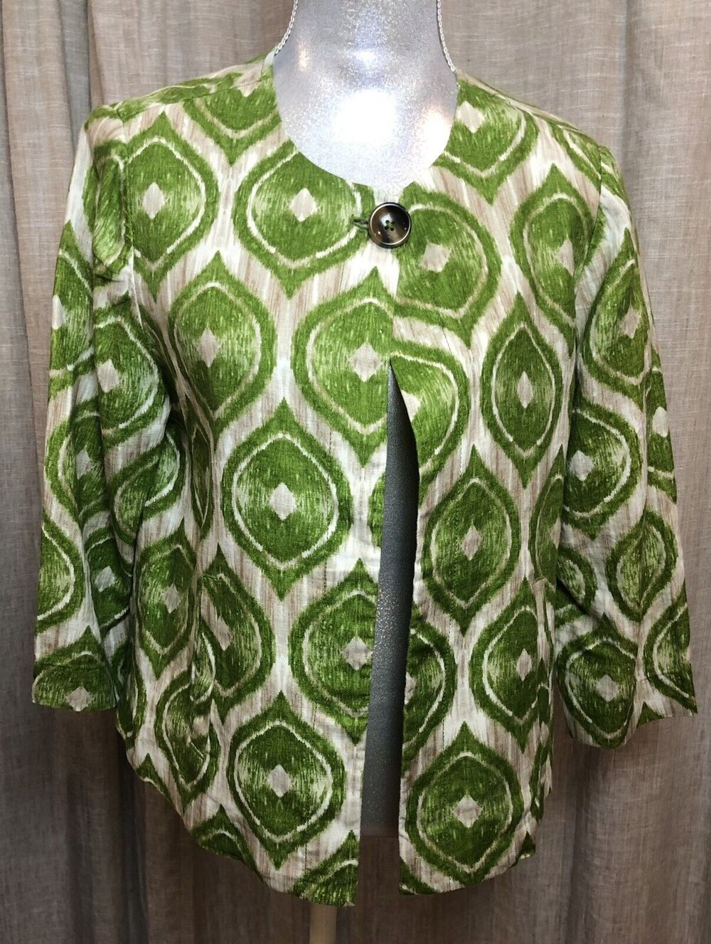 Chico’s Modern Ikat Linen Green Jacket 3/4 Sleeve - Size 1 / Medium